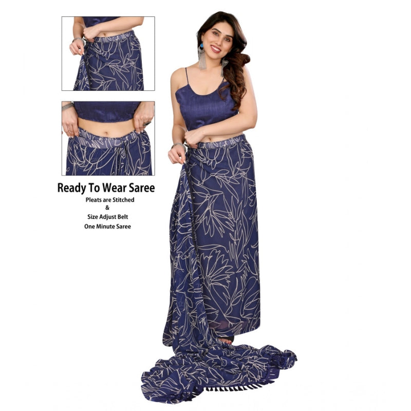 Mayawye Women's Zalar Lace Georgette Printed Ready-to-Wear Saree With Unstitched Blouse 5.5 Mtr (Blue)