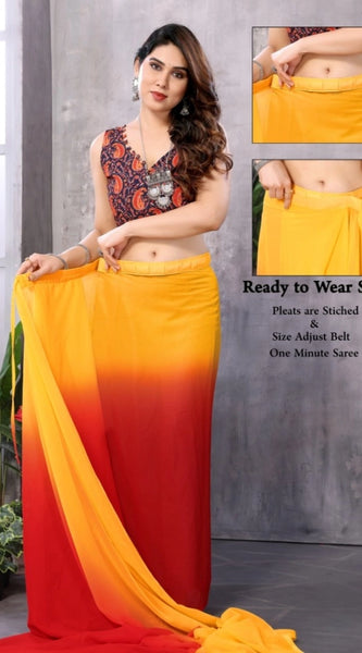 Mayawye Women's Small Lace Georgette Solid Ready-to-Wear Saree With Unstitched Blouse 5.5 Mtr (Red-Orange)
