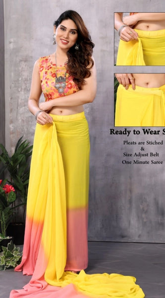 Mayawye Women's Small Lace Georgette Solid Ready-to-Wear Saree With Unstitched Blouse 5.5 Mtr (Pink-Yellow)