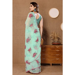 Mayawye Women's Small Lace Georgette Printed Ready-to-Wear Saree With Unstitched Blouse 5.5 Mtr (Turquoise)