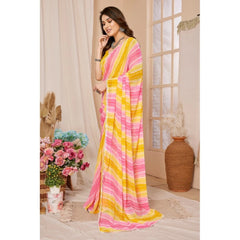 Mayawye Women's Small Lace Georgette Striped Ready-to-Wear Saree With Unstitched Blouse 5.5 Mtr (Yellow-Pink)