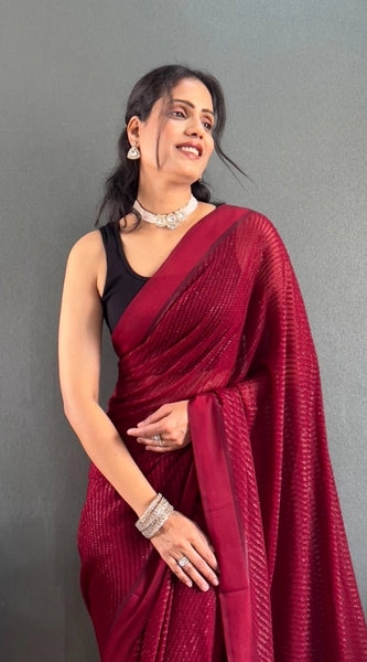 Mayawye Women's Chiffon Solid Ready to wear Saree With Unstitched Blouse 5.5 Mtr (Maroon)