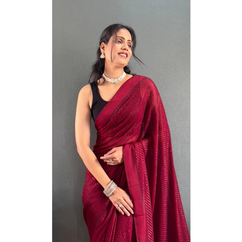 Mayawye Women's Chiffon Solid Ready to wear Saree With Unstitched Blouse 5.5 Mtr (Maroon)