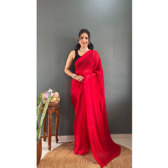Mayawye Women's Chiffon Solid Ready to wear Saree With Unstitched Blouse 5.5 Mtr (Red)