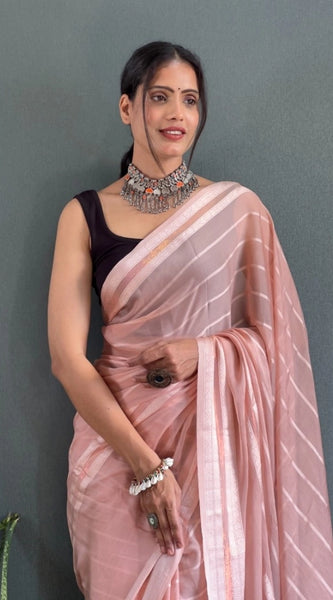 Mayawye Women's Chiffon Striped Ready to wear Saree With Unstitched Blouse 5.5 Mtr (Peach)