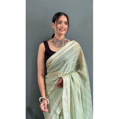 Mayawye Women's Chiffon Striped Ready to wear Saree With Unstitched Blouse 5.5 Mtr (Pista )