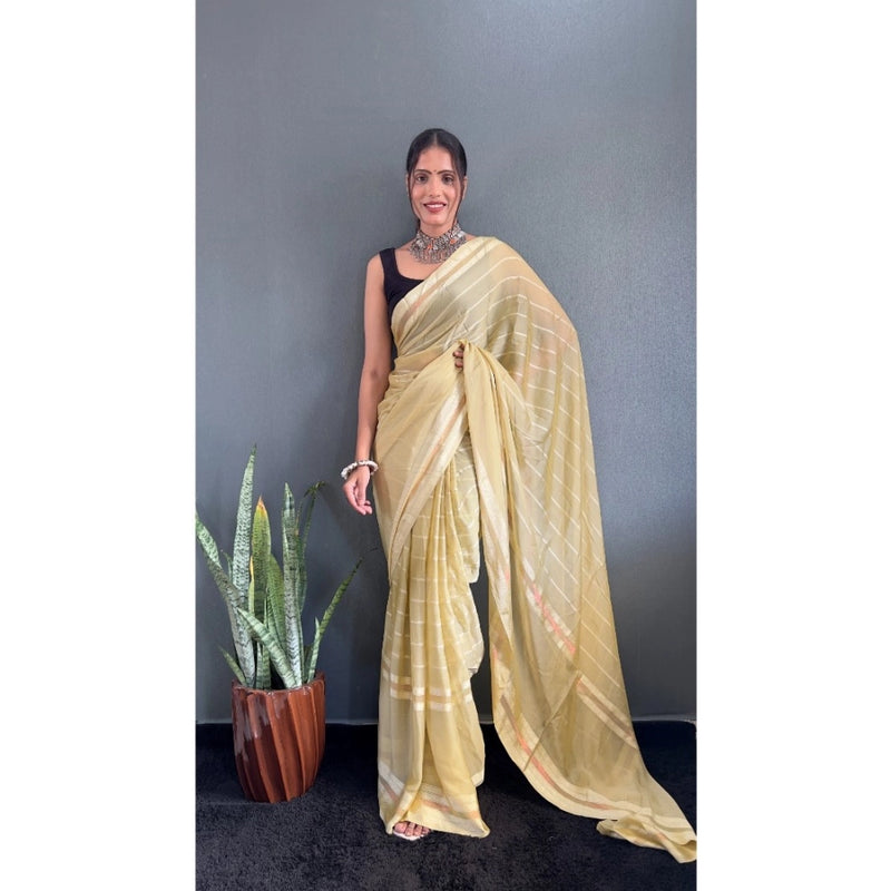 Mayawye Women's Chiffon Striped Ready to wear Saree With Unstitched Blouse 5.5 Mtr (Yellow)