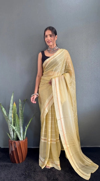 Mayawye Women's Chiffon Striped Ready to wear Saree With Unstitched Blouse 5.5 Mtr (Yellow)