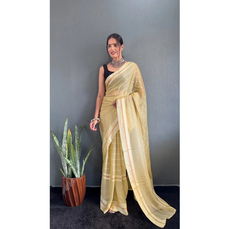Mayawye Women's Chiffon Striped Ready to wear Saree With Unstitched Blouse 5.5 Mtr (Yellow)
