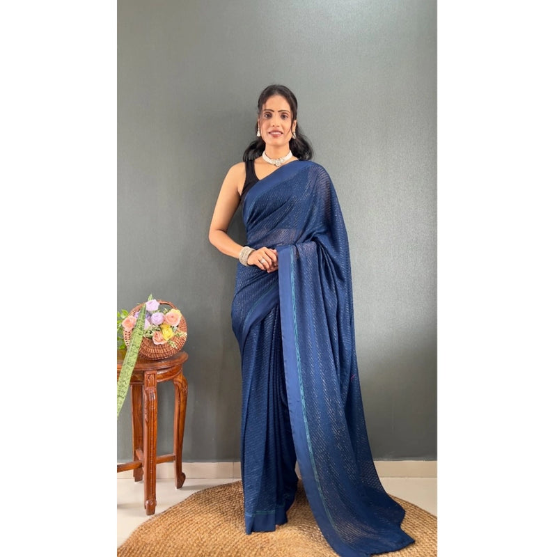 Mayawye Women's Chiffon Solid Ready to wear Saree With Unstitched Blouse 5.5 Mtr (Blue )
