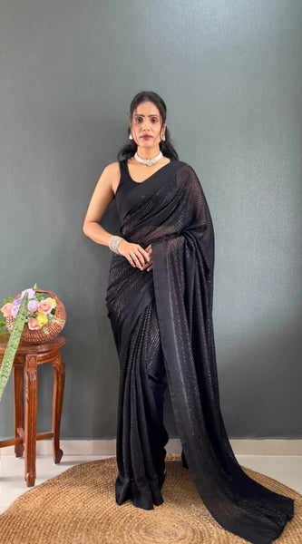 Mayawye Women's Chiffon Solid Ready to wear Saree With Unstitched Blouse 5.5 Mtr (Black )