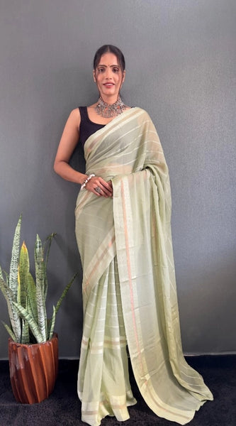 Mayawye Women's Chiffon Striped Ready to wear Saree With Unstitched Blouse 5.5 Mtr (Pista )