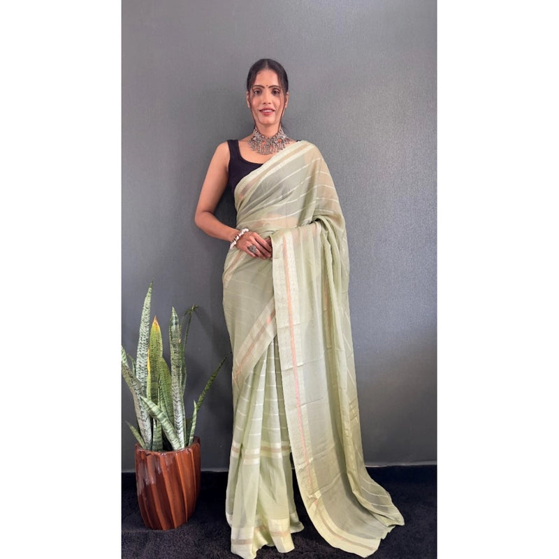 Mayawye Women's Chiffon Striped Ready to wear Saree With Unstitched Blouse 5.5 Mtr (Pista )