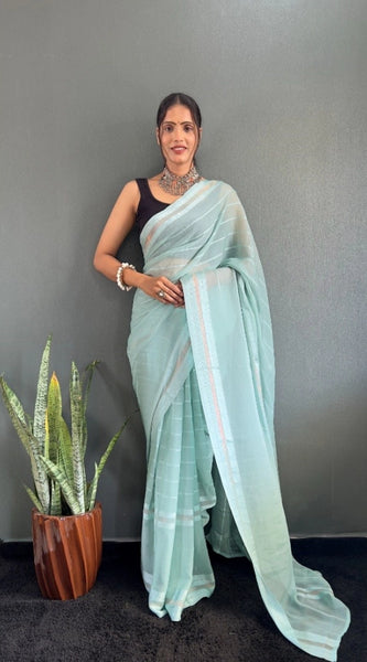 Mayawye Women's Chiffon Striped Ready to wear Saree With Unstitched Blouse 5.5 Mtr (Sky)