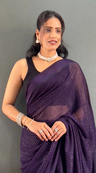 Mayawye Women's Chiffon Solid Ready to wear Saree With Unstitched Blouse 5.5 Mtr (Purple)