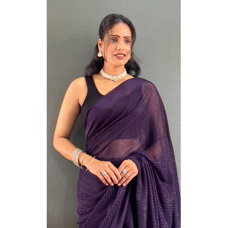 Mayawye Women's Chiffon Solid Ready to wear Saree With Unstitched Blouse 5.5 Mtr (Purple)
