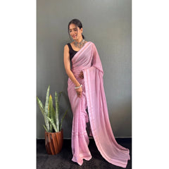 Mayawye Women's Chiffon Striped Ready to wear Saree With Unstitched Blouse 5.5 Mtr (Pink)