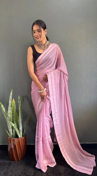Mayawye Women's Chiffon Striped Ready to wear Saree With Unstitched Blouse 5.5 Mtr (Pink)