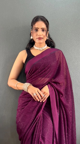 Mayawye Women's Chiffon Solid Ready to wear Saree With Unstitched Blouse 5.5 Mtr (Wine )