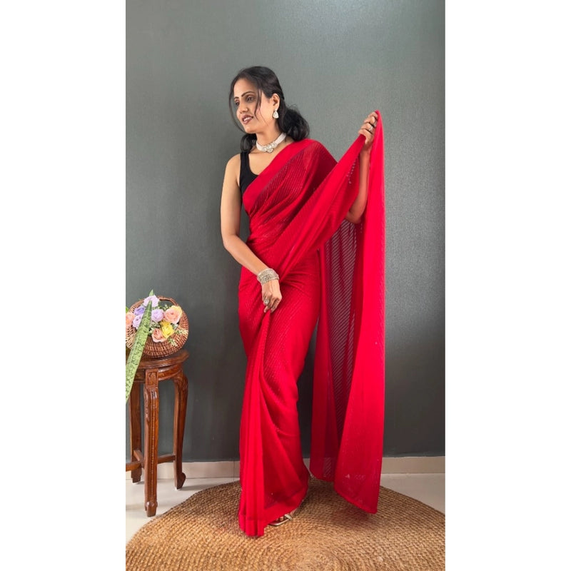 Mayawye Women's Chiffon Solid Ready to wear Saree With Unstitched Blouse 5.5 Mtr (Red)