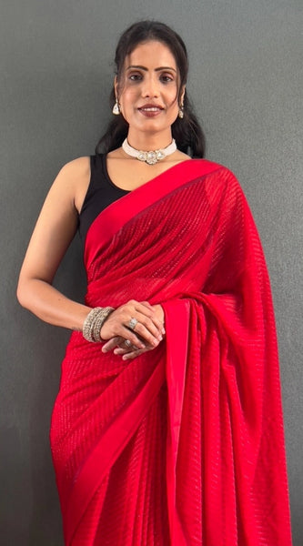 Mayawye Women's Chiffon Solid Ready to wear Saree With Unstitched Blouse 5.5 Mtr (Red)