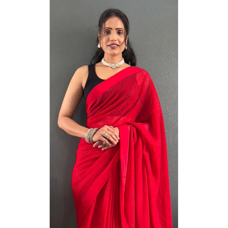 Mayawye Women's Chiffon Solid Ready to wear Saree With Unstitched Blouse 5.5 Mtr (Red)