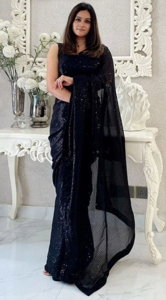 Mayawye Women's Georgette Embellished Sequnece Bollywood Saree With Unstitched Blouse 5.5Mtr (Black)