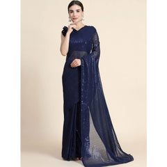 Mayawye Women's Georgette Embellished Sequnece Bollywood Saree With Unstitched Blouse 5.5Mtr (Blue)
