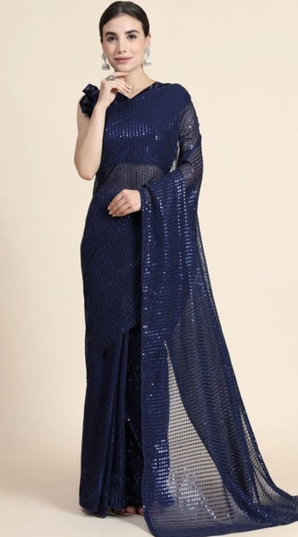 Mayawye Women's Georgette Embellished Sequnece Bollywood Saree With Unstitched Blouse 5.5Mtr (Blue)