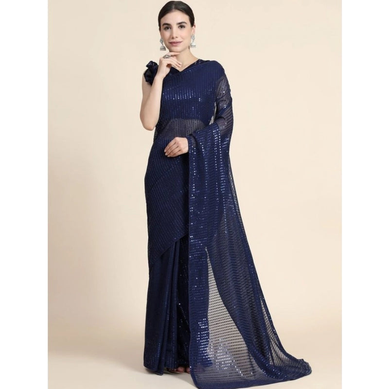 Mayawye Women's Georgette Embellished Sequnece Bollywood Saree With Unstitched Blouse 5.5Mtr (Blue)