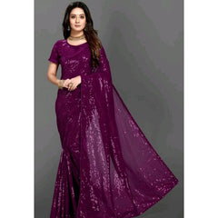 Mayawye Women's Georgette Embellished Sequnece Bollywood Saree With Unstitched Blouse 5.5Mtr (Purple)