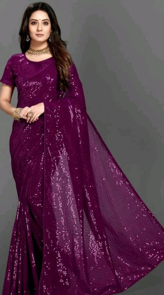 Mayawye Women's Georgette Embellished Sequnece Bollywood Saree With Unstitched Blouse 5.5Mtr (Purple)