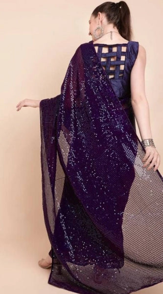 Mayawye Women's Georgette Embellished Sequnece Bollywood Saree With Unstitched Blouse 5.5Mtr (Purple)