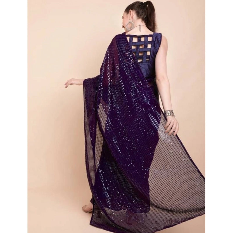 Mayawye Women's Georgette Embellished Sequnece Bollywood Saree With Unstitched Blouse 5.5Mtr (Purple)