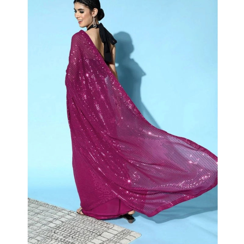 Mayawye Women's Georgette Embellished Sequnece Bollywood Saree With Unstitched Blouse 5.5Mtr (Wine)