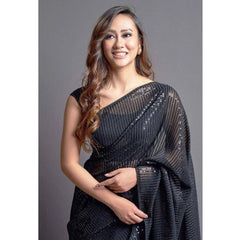 Mayawye Women's Georgette Embellished Sequnece Bollywood Saree With Unstitched Blouse 5.5Mtr (Black)