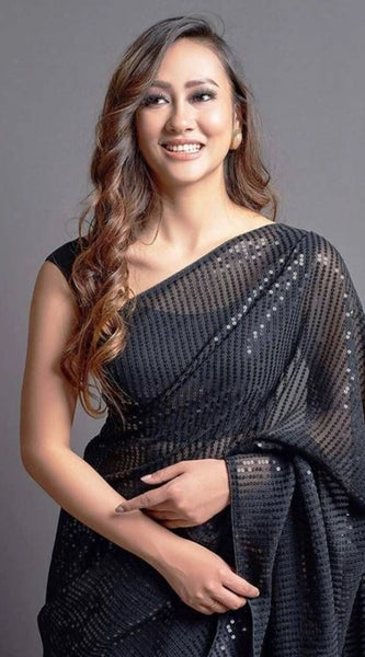 Mayawye Women's Georgette Embellished Sequnece Bollywood Saree With Unstitched Blouse 5.5Mtr (Black)