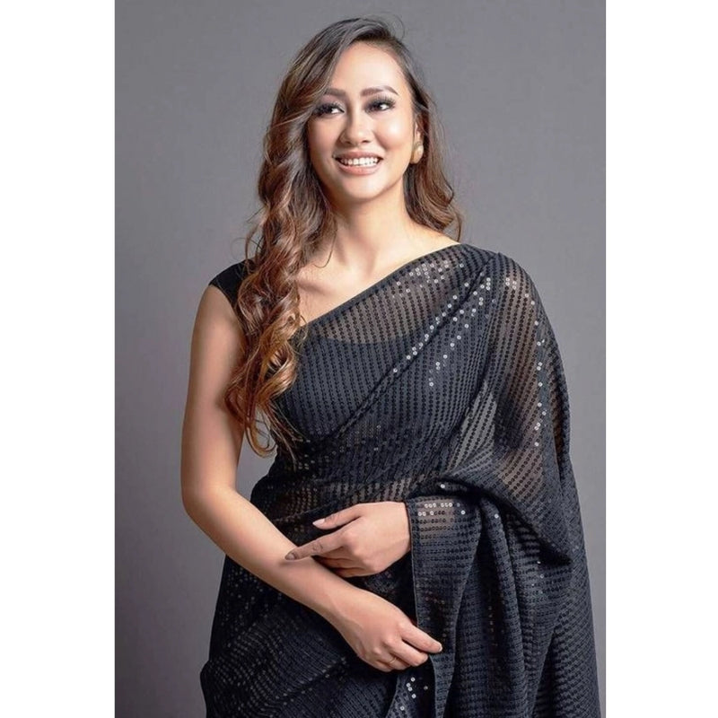 Mayawye Women's Georgette Embellished Sequnece Bollywood Saree With Unstitched Blouse 5.5Mtr (Black)