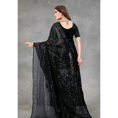 Mayawye Women's Georgette Embellished Sequnece Bollywood Saree With Unstitched Blouse 5.5Mtr (Black)