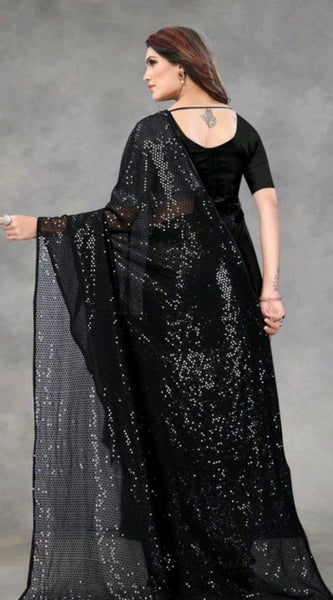 Mayawye Women's Georgette Embellished Sequnece Bollywood Saree With Unstitched Blouse 5.5Mtr (Black)