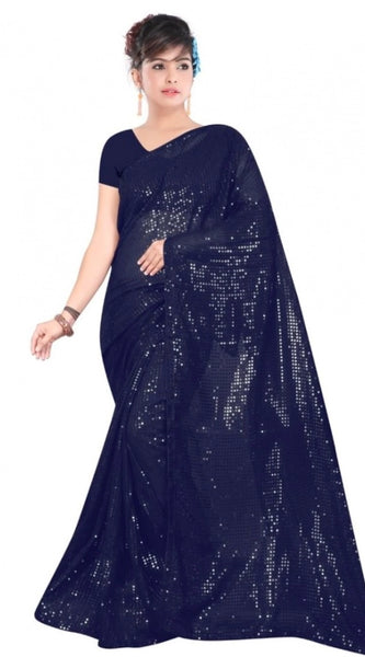 Mayawye Women's Georgette Embellished Sequnece Bollywood Saree With Unstitched Blouse 5.5Mtr (Blue)