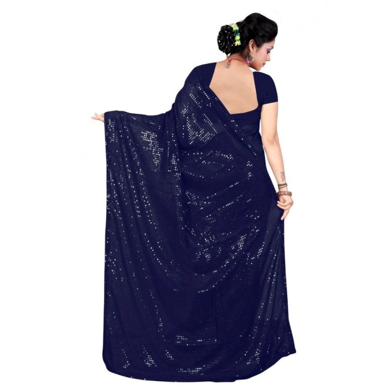 Mayawye Women's Georgette Embellished Sequnece Bollywood Saree With Unstitched Blouse 5.5Mtr (Blue)