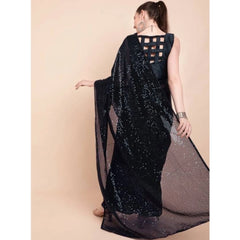 Mayawye Women's Georgette Embellished Sequnece Bollywood Saree With Unstitched Blouse 5.5Mtr (Black)