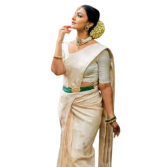 Mayawye Women's Silk Printed Saree With Unstitched Blouse 5.5Mtr (White)