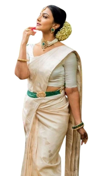 Mayawye Women's Silk Printed Saree With Unstitched Blouse 5.5Mtr (White)