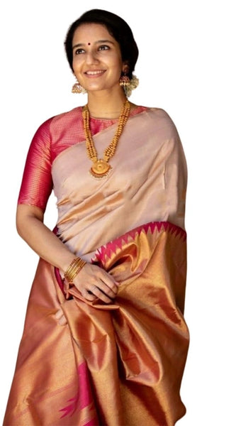 Mayawye Women's Silk Printed Saree With Unstitched Blouse 5.5Mtr (Cream)
