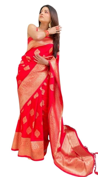 Mayawye Women's Silk Printed Saree With Unstitched Blouse 5.5Mtr (Red)