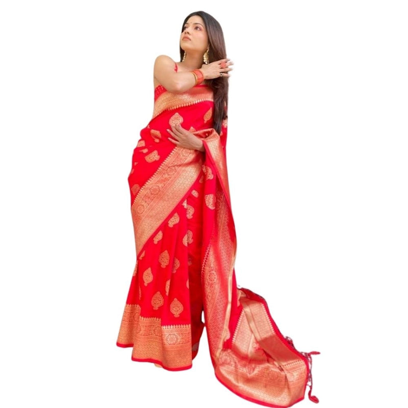 Mayawye Women's Silk Printed Saree With Unstitched Blouse 5.5Mtr (Red)