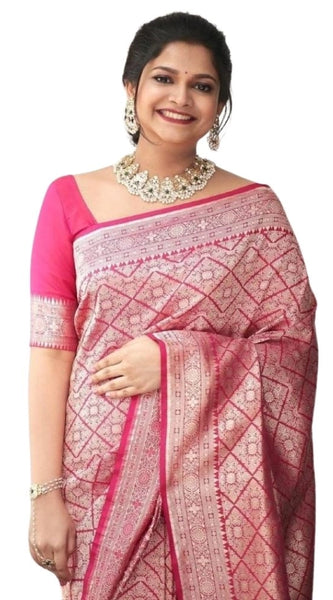Mayawye Women's Silk Printed Saree With Unstitched Blouse 5.5Mtr (Pink)
