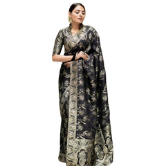 Mayawye Women's Silk Printed Saree With Unstitched Blouse 5.5Mtr (Black)